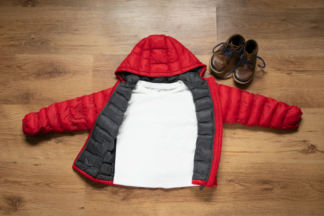 White toddler boy's tshirt mock up with red winter coat and boots